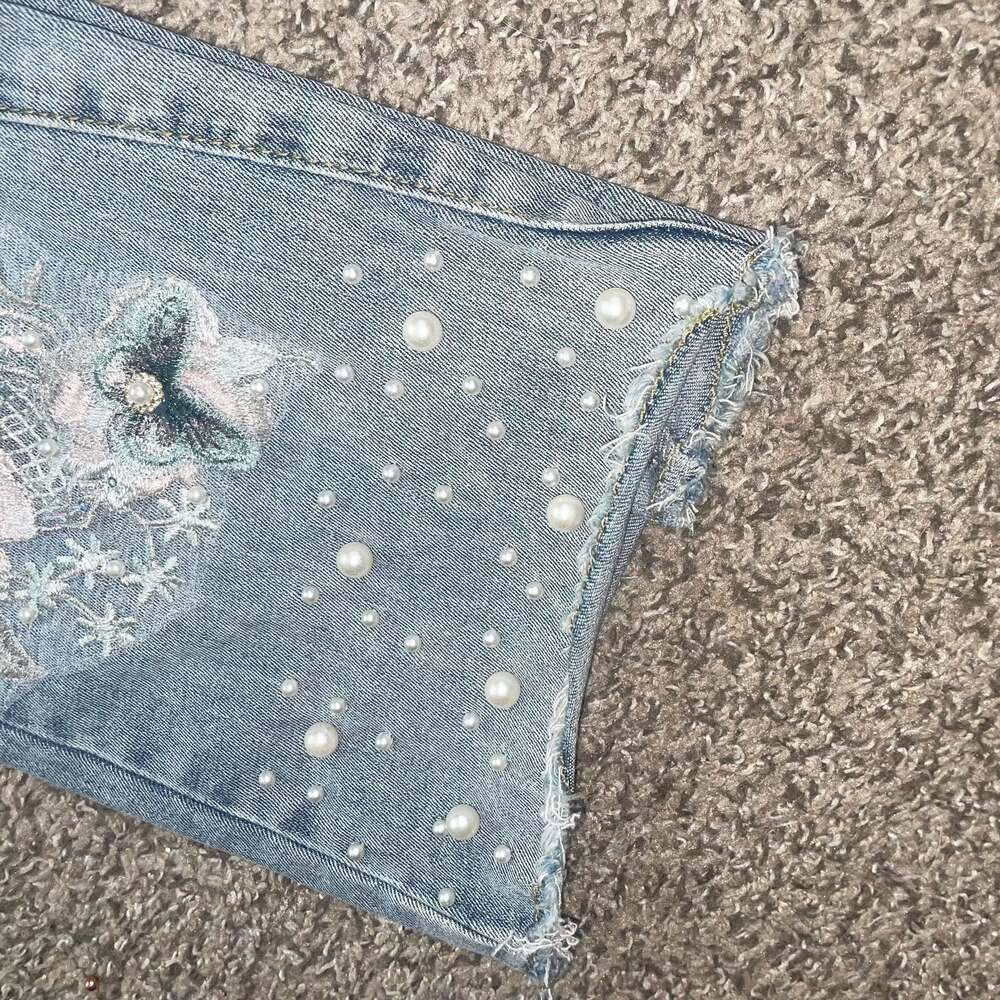 Venus Floral Boho Pearl Embellished Flare Jeans with Frayed Hem Size 4 - Picture 5 of 10